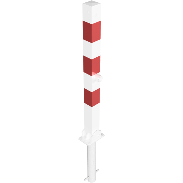 Barrier post 70 x 70 mm | foldable | with profile cylinder lock | and triangular lock | for casting in concretewith ground socket part-no. 470.60approx. 400 mm below ground | hot-dip galvanized and white coatedwith three red reflecting stripes | without eyelet